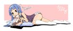  bare_shoulders blue_hair hairband kannagi kneehighs legs long_hair lying magazine nagi on_side pleated_skirt purple_eyes skirt socks solo translation_request uzura_no_tamago white_skirt 