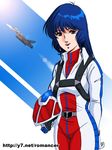 blue_hair bodysuit choujikuu_yousai_macross flying helmet lynn_minmay macross mecha pilot_suit solo vf-1 vf-1j 