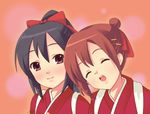  alternate_hairstyle black_hair brown_eyes brown_hair hirasawa_yui japanese_clothes k-on! kimono multiple_girls nakano_azusa ponishi. ponytail short_hair tasuki yuiazu_(unit) yukata 