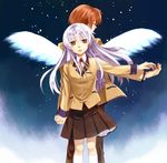  1girl angel_beats! angel_wings back-to-back blazer brown_hair closed_eyes holding_hands jacket kurosuna long_hair otonashi_(angel_beats!) school_uniform silver_hair skirt socks tenshi_(angel_beats!) wings yellow_eyes 