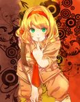  axis_powers_hetalia belgium_(hetalia) bent_over blonde_hair breasts finger_to_mouth green_eyes hair_ribbon hairband highres lips medium_breasts military military_uniform necktie red_hairband ribbon sleeves_rolled_up solo toiu uniform 