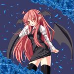  bad_id bad_pixiv_id bat_wings bespectacled blue_flower blue_rose flower glasses head_wings koakuma long_hair nagai_wataru pince-nez pointy_ears red_eyes red_hair rose solo thighhighs touhou wings 