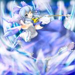  blue_eyes blue_hair bow cirno cosplay fang hair_bow hakurei_reimu hakurei_reimu_(cosplay) japanese_clothes midriff miko one_eye_closed red_star_(toranecomet) solo staff touhou wings 