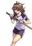  bad_id bad_pixiv_id brown_hair gym_uniform hayate_x_blade shizuma_yuho short_hair shorts solo sword weapon yu_(uza) 