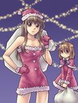  :&lt; bad_id bad_pixiv_id bare_shoulders brown_hair christmas dress gloves hand_on_hip hat hayate_x_blade kuga_jun long_hair multiple_girls red_gloves sack santa_costume santa_hat shizuma_yuho short_hair yu_(uza) 