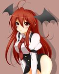  absurdres bat_wings blush bottomless head_wings highres kamo_(yokaze) koakuma long_hair necktie red_eyes red_hair red_neckwear solo touhou wings 