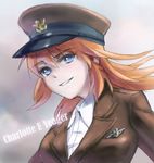  bad_id bad_pixiv_id blue_eyes breasts charlotte_e_yeager hat kisetsu long_hair medium_breasts military military_uniform orange_hair smile solo strike_witches uniform world_witches_series 