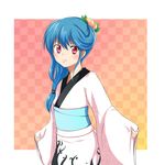 akisa alternate_costume alternate_hairstyle bad_id bad_pixiv_id blue_eyes blue_hair food food_as_clothes food_themed_clothes fruit hair_ornament hinanawi_tenshi japanese_clothes kimono long_hair peach red_eyes solo touhou 