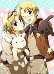  america_(hetalia) axis_powers_hetalia bad_id bad_pixiv_id bear blonde_hair blue_eyes brothers canada_(hetalia) coat glasses gloves goggles goggles_on_head kumajirou_(hetalia) male_focus migu multiple_boys one_eye_closed polar_bear purple_eyes siblings stuffed_animal stuffed_toy teddy_bear 