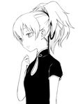  absurdres bad_id bad_pixiv_id china_dress chinese_clothes darker_than_black dress face flat_chest greyscale hair_ribbon highres max0201 monochrome ponytail ribbon short_sleeves simple_background solo yin 