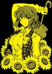  ascot breasts cleavage closed_umbrella flower kazami_yuuka large_breasts macaroni_and_cheese monochrome open_clothes open_shirt parasol plaid plaid_vest shirt short_hair smile solo sunflower touhou umbrella vest yellow 