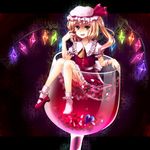  alcohol blonde_hair cup drinking_glass flandre_scarlet food fruit glass hat heart highres in_container in_cup mame_niko mary_janes oversized_object red_eyes shoes short_hair side_ponytail single_shoe socks solo strawberry touhou wine wine_glass wings 