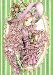  copyright_request curly_hair dress floral_print flower gown green_eyes hat highres long_hair nao_tsukiji pink_dress pink_hair ribbon solo very_long_hair victorian 