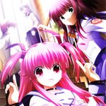  3girls angel_beats! cover fang green_eyes highres long_hair multiple_girls non-web_source official_art orange_hair otonashi_(angel_beats!) pink_eyes pink_hair purple_hair ribbon scan school_uniform serafuku short_hair skirt tenshi_(angel_beats!) yellow_eyes yui_(angel_beats!) yuri_(angel_beats!) 