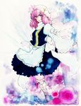  apron bad_id bad_pixiv_id hat highres letty_whiterock lewis lips pink_hair smile solo touhou traditional_media watercolor_(medium) wide_sleeves 