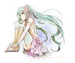  aqua_hair bad_id bad_pixiv_id boots detached_sleeves flower green_eyes hair_flower hair_ornament hatsune_miku himetachibana knee_boots leg_hug long_hair sitting skirt solo thighhighs twintails vocaloid 