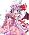  bat_wings blush bow crescent crescent_hair_ornament feathers hair_bow hair_brush hair_ornament hand_on_another's_head hat kuraryu long_hair low_wings multiple_girls open_mouth patchouli_knowledge pointy_ears purple_hair red_eyes remilia_scarlet touhou wings 