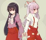  annoyed ayasugi_tsubaki back-to-back black_hair blush dress_shirt fujiwara_no_mokou holding_hands houraisan_kaguya japanese_clothes long_hair lowres multiple_girls pants red_eyes shirt silver_hair smile standing suspenders symmetrical_hand_pose touching touhou 