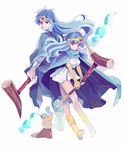  1girl amezawa_koma back-to-back bad_id bad_pixiv_id blue_hair cape circlet dragon_quest dragon_quest_iii elbow_gloves gloves magic red_eyes sage_(dq3) skirt staff 