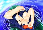  akiyama_mio bikini black_hair blue_eyes bol_(liliymimi) breasts cleavage k-on! large_breasts long_hair mask ocean raft solo swimsuit upside-down 