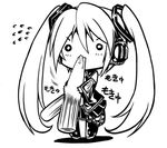  chibi detached_sleeves eating greyscale hatsune_miku headset long_hair monochrome necktie saliva senomoto_hisashi simple_background skirt solo spring_onion twintails very_long_hair vocaloid 