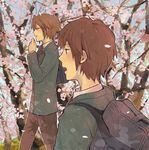  backpack bag brown_hair cherry_blossoms kita_high_school_uniform koizumi_itsuki kyon male_focus multiple_boys school_uniform suzumiya_haruhi_no_yuuutsu yaruse 