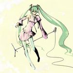 detached_sleeves dress green_hair hatsune_miku legs long_hair microphone microphone_stand solo thighhighs travo twintails very_long_hair vocaloid 