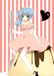  asymmetrical_hair bad_id bad_pixiv_id blue_hair blush dress elbow_gloves food gloves green_eyes hatsune_miku highres long_hair mikio_k._gobouten mouth_hold pudding side_ponytail sitting solo spoon striped thighhighs vocaloid 