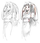  arms_up hands_in_hair japanese_clothes kimono long_hair long_sleeves monochrome obi original red_eyes sash simple_background standing uzura_no_tamago very_long_hair white_background 