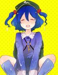  backpack bad_id bad_pixiv_id bag blue_hair chiri_(o9o9) closed_eyes hair_bobbles hair_ornament hat kawashiro_nitori key open_mouth sitting solo touhou twintails two_side_up wet 