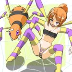  ariados bug fangs gen_2_pokemon lowres moemon multicolored multicolored_clothes multicolored_legwear orange_hair panties personification pokemon pokemon_(creature) purple_eyes purple_legwear silk solo spider spider_web striped striped_legwear striped_panties tenjou_ryuka thighhighs underwear yellow_legwear 