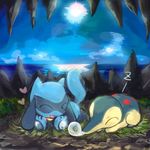  closed_eyes cyndaquil fushigi_no_dungeon gen_2_pokemon gen_4_pokemon nature night no_fire no_humans nose_bubble okuchichibu open_mouth pokemon pokemon_(creature) pokemon_(game) pokemon_fushigi_no_dungeon riolu sleeping smile zzz 