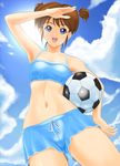  armpits bad_id bad_pixiv_id ball bikini blue_eyes brown_hair cloud day from_below maeda_itsuki navel shopyun short_hair shorts soccer_ball solo swimsuit telstar tokimeki_memorial tokimeki_memorial_4 twintails 