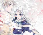  1girl axis_powers_hetalia bad_id bad_pixiv_id belarus_(hetalia) blonde_hair blood blue_eyes blush bow hair_bow hair_ribbon litha long_hair purple_eyes ribbon russia_(hetalia) scarf short_hair siblings snow winter 