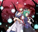  blue_eyes breasts cleavage gayprince green_hair hair_bobbles hair_ornament hat highres holding_hands large_breasts multiple_girls onozuka_komachi red_eyes red_hair rod_of_remorse shiki_eiki short_hair touhou two_side_up 