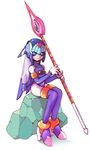  android artist_request blue_eyes blue_hair leviathan_(rockman) polearm rockman rockman_zero sitting solo spear weapon 