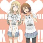  ariko_(antoinette_blue) blonde_hair blue_eyes brown_hair closed_eyes clothes_writing english hirasawa_yui k-on! kotobuki_tsumugi long_hair multiple_girls pantyhose peanuts shirt short_hair skirt snoopy t-shirt v v_arms 