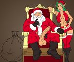  bag beard belt blue_eyes boots christmas christmas_elf elf green_eyes green_hair hat huge_penis midriff old_man penis red_thighhighs santa_claus shorts sitting testicles the_pit thighhighs throne vest white_hair 