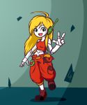  5_fingers blonde_hair breasts cave_story clothed clothing curly_brace eyelashes female fingers footwear gesture hair hi_res limehazard long_hair looking_at_viewer machine midriff not_furry open_mouth raised_leg robot shoes solo standing v_sign video_games 