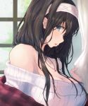  1girl bare_shoulders black_hair blue_eyes book breasts cleavage curtains grabbing hairband idolmaster idolmaster_cinderella_girls idolmaster_cinderella_girls_starlight_stage jewelry large_breasts long_hair looking_at_viewer necklace off-shoulder_sweater off_shoulder pendant ribbed_sweater sagisawa_fumika shawl sweater toho_(kihon_ha_yappa) window 