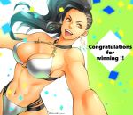  1girl 2019 abs alternate_costume asymmetrical_hair black_hair breasts brown_eyes cleavage commentary_request confetti congratulations cornrows dark_skin earrings foreshortening highres idom_(gamer) jewelry large_breasts laura_matsuda lips long_hair muscle muscular_female navel o-ring o-ring_bikini open_mouth silver_bikini smile solo street_fighter street_fighter_v tombsakura twitter_username 