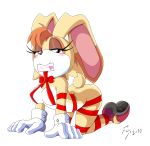  2019 anthro areola areola_slip bedroom_eyes blush breasts christmas clothing female footwear fox_gungrave gift_wrapped gloves handwear holidays lagomorph leporid looking_at_viewer mammal narrowed_eyes rabbit ribbons seductive shoes signature simple_background smile sonic_the_hedgehog_(series) undressed vanilla_the_rabbit white_background 