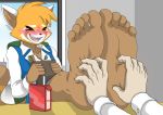  5_toes absurd_res aggressive_retsuko ailurid anthro blush dazidentevil eating feet female food foot_focus hi_res humanoid_feet juice_box laugh mammal red_panda retsuko sandwich_(food) sanrio tickling toes 