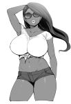 1girl arms_up black-framed_eyewear black_hair breasts collarbone dark_skin denim glasses highres jeans large_breasts lips long_hair looking_at_viewer midriff mole mole_under_mouth navel original pants shirt shorts solo synecdoche thick_eyebrows thick_thighs thighs tied_shirt 