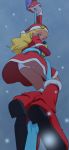  2girls amamiya_erena blonde_hair boots dark_skin from_below haruyama_kazunori hat kaguya_madoka long_hair looking_at_viewer multiple_girls panties precure purple_eyes purple_hair red_footwear red_headwear santa_boots santa_costume santa_hat snow star_twinkle_precure underwear white_panties 