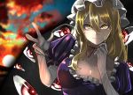  1girl bangs blonde_hair bow breasts dress elbow_gloves frilled_dress frills gap gloves hat hat_ribbon highres long_hair looking_at_viewer lunateelf mob_cap puffy_short_sleeves puffy_sleeves purple_dress red_neckwear red_ribbon ribbon short_sleeves sunset touhou yakumo_yukari yellow_eyes 