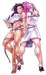  2girls abs alternate_costume ass asymmetrical_hair back-to-back bangle bikini black_hair bracelet breasts chiba_toshirou dark_skin dress earrings glasses high_heels highres hoop_earrings huge_breasts jewelry laura_matsuda legs looking_at_viewer multiple_girls muscle muscular_female opaque_glasses parted_lips pink_hair poison_(final_fight) sandals smile sparkle standing street_fighter street_fighter_v sunglasses swimsuit whip white_bikini white_dress 