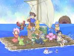  2girls 5boys agumon anniversary barrel brothers butterfly_net commentary_request computer copyright_name crate dated digimon digimon_adventure first_aid_kit fish fishing fishing_rod gabumon gomamon hand_net highres ishida_yamato izumi_koushirou kido_jou laptop log multiple_boys multiple_girls net ocean oosuzu_aoi palmon piyomon poyomon raft rope sail siblings sleeping smile spyglass tachikawa_mimi tailmon takaishi_takeru takenouchi_sora telescope tentomon whamon yagami_hikari yagami_taichi 