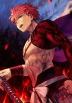  1boy abs brown_eyes clenched_hand detached_sleeves emiya_shirou fate/grand_order fate_(series) fire from_below hakama hand_on_hilt hankuri japanese_clothes katana limited/zero_over male_focus muscle night night_sky planted_sword planted_weapon red_hair sengo_muramasa_(fate) shirtless short_hair single_bare_shoulder single_detached_sleeve sky solo spiked_hair sword weapon wrist_wrap 
