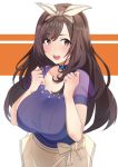  1girl absurdres bangs beige_shirt blue_shirt blush bow breasts brown_eyes brown_hair choker cleavage collarbone fujitsubo_(hujitubo0731) hair_bow highres idolmaster idolmaster_shiny_colors jewelry large_breasts long_hair looking_at_viewer open_mouth orange_background pendant puffy_short_sleeves puffy_sleeves shirt short_sleeves smile solo swept_bangs tsukioka_kogane two-tone_background white_background white_bow 